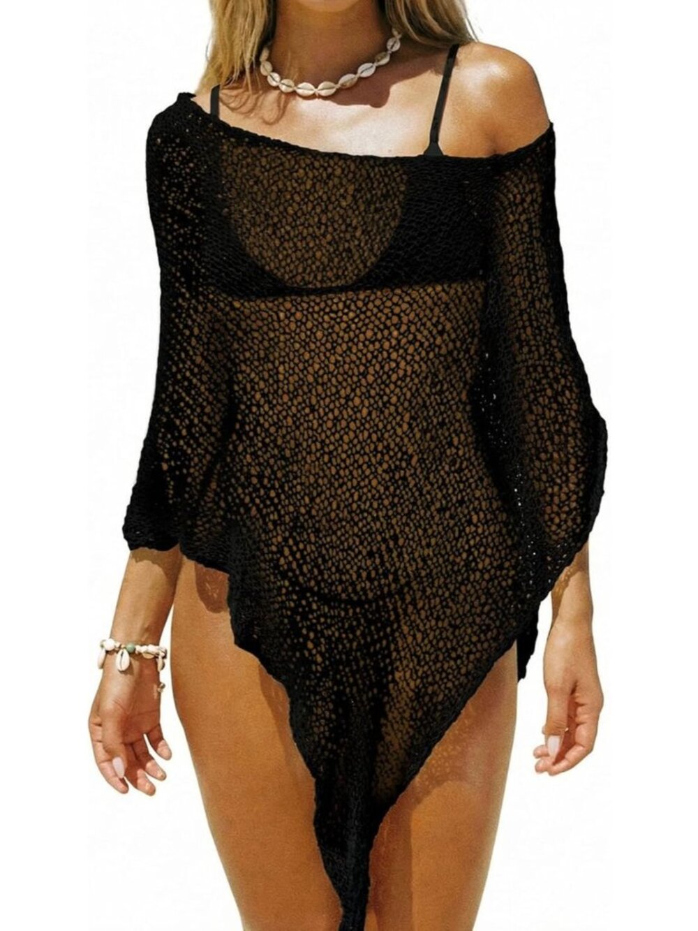 Women's Black Sheer Crochet Mesh Beach Cover Up Batwing Boho Swimwear Top